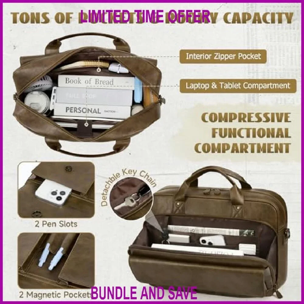 15.6 Inch PU Leather Messenger Bag with Laptop Compartment & Luggage Strap